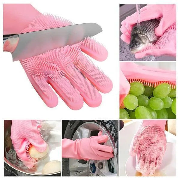 Pink Silicone Kitchen Gloves for Cleaning & Safety