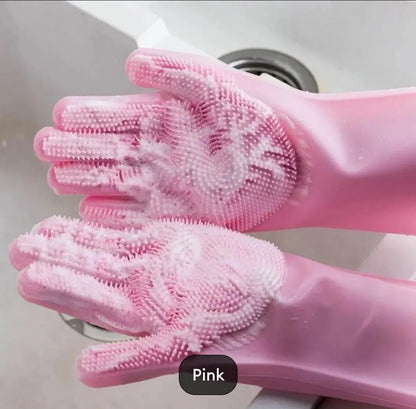 Pink Silicone Kitchen Gloves for Cleaning & Safety