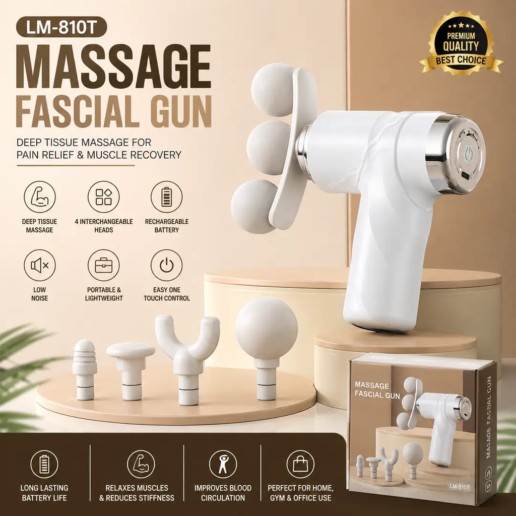 Portable Rechargeable Massage Fascial Gun LM-810T – Deep Tissue Muscle Massager with 4 Massage Heads