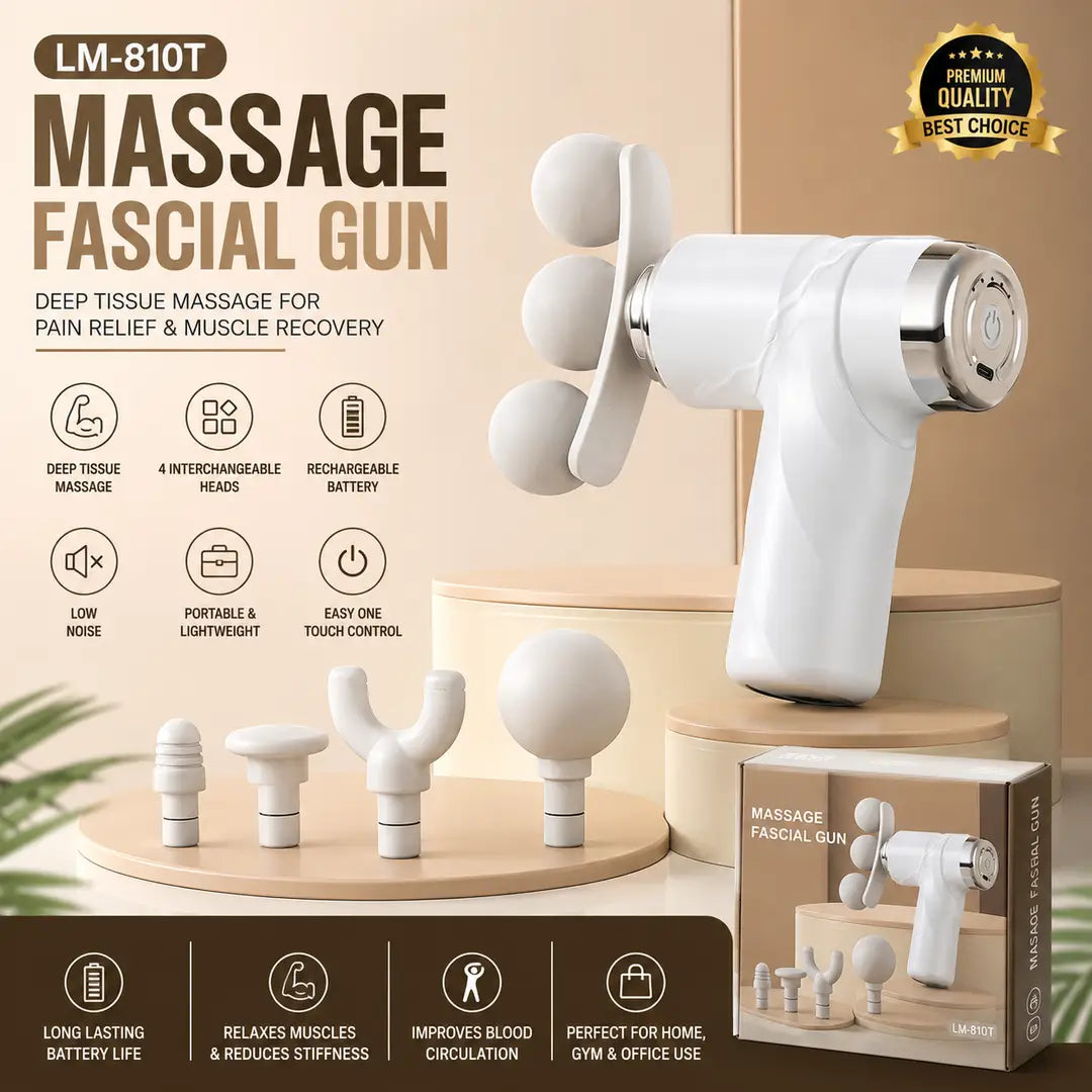 Portable Rechargeable Massage Fascial Gun LM-810T – Deep Tissue Muscle Massager with 4 Massage Heads