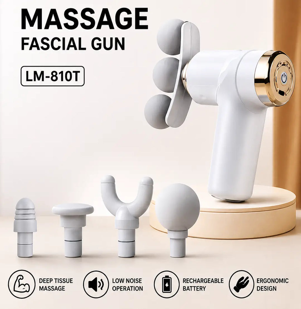 Portable Rechargeable Massage Fascial Gun LM-810T – Deep Tissue Muscle Massager with 4 Massage Heads