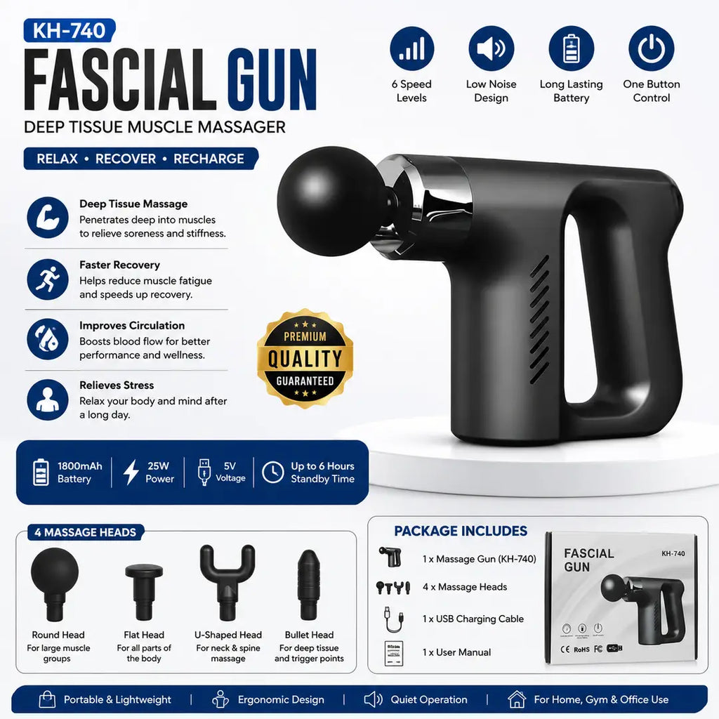 KH-740 Fascia Gun Portable Deep Tissue Massage Gun | Rechargeable Muscle Massager with Multiple Speed Levels