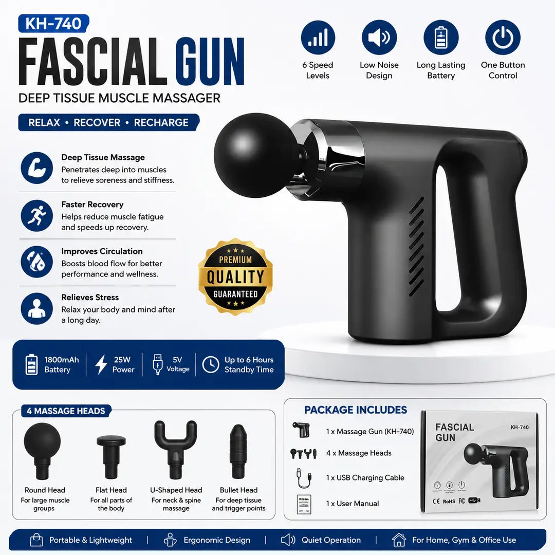 KH-740 Fascia Gun Portable Deep Tissue Massage Gun | Rechargeable Muscle Massager with Multiple Speed Levels