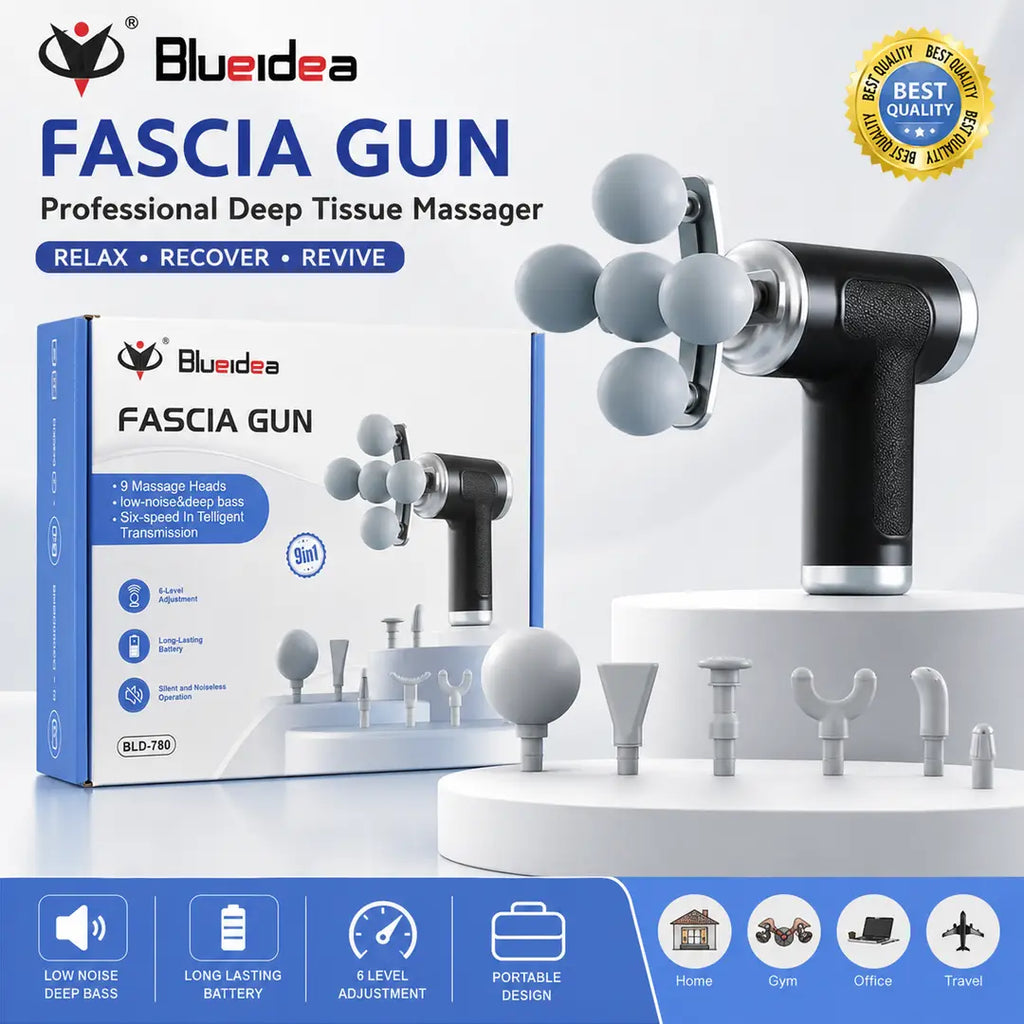 Blueidea BLD-780 Fascia Massage Gun | 9 Massage Heads | 6 Speed Levels | Deep Tissue Muscle Massager | Rechargeable Portable Massage Gun