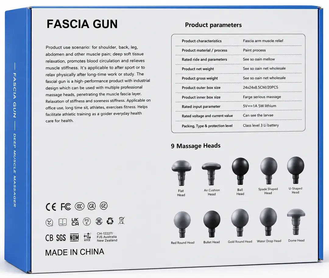 Blueidea BLD-780 Fascia Massage Gun | 9 Massage Heads | 6 Speed Levels | Deep Tissue Muscle Massager | Rechargeable Portable Massage Gun