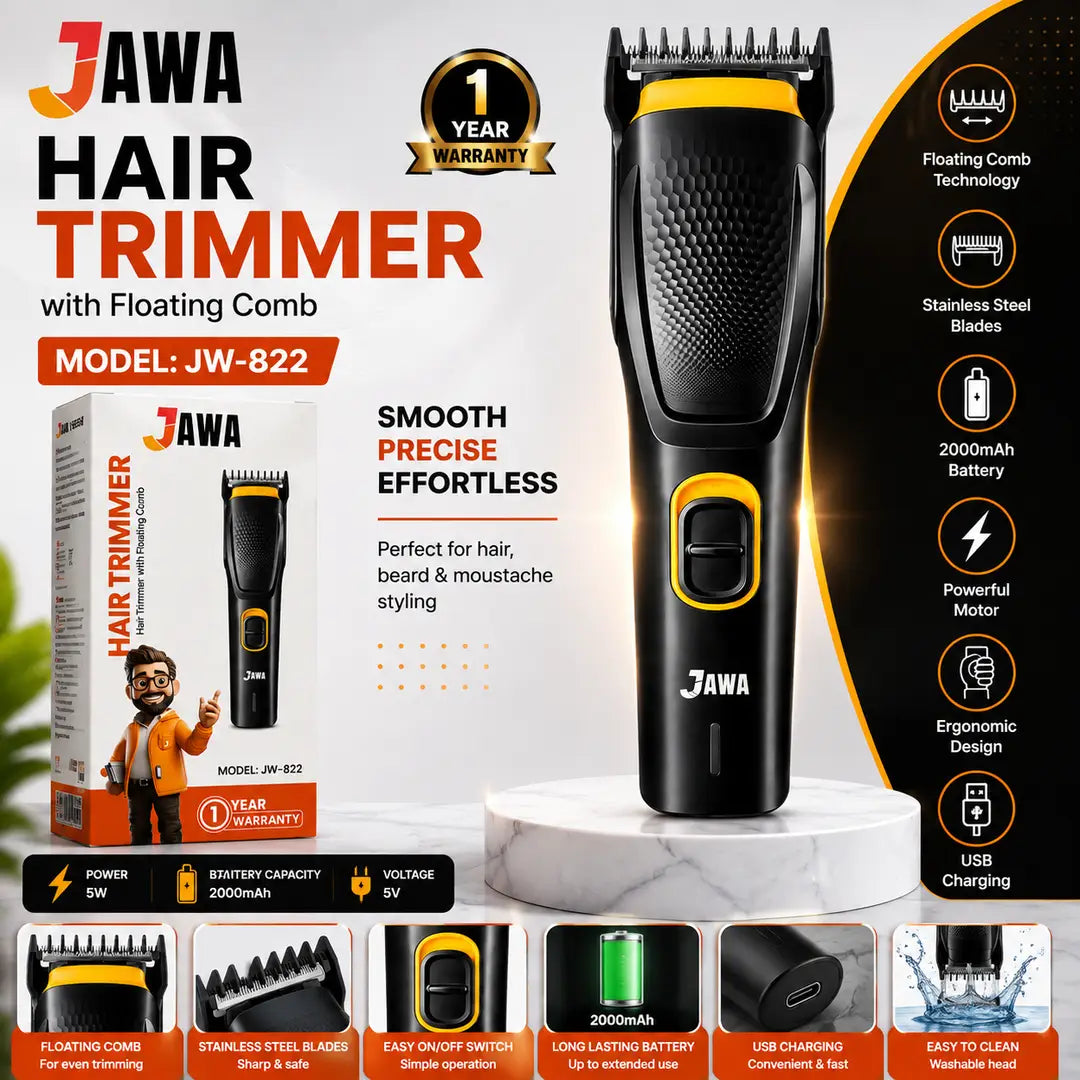 JAWA JW-822 Professional Hair Trimmer with Floating Comb, Stainless Steel Blades, Powerful Motor & Rechargeable Battery
