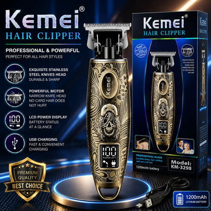 Kemei KM-3298 Professional Hair Clipper – 1200mAh Rechargeable Trimmer with LCD Display, Stainless Steel Blade & Engraved Metal Body
