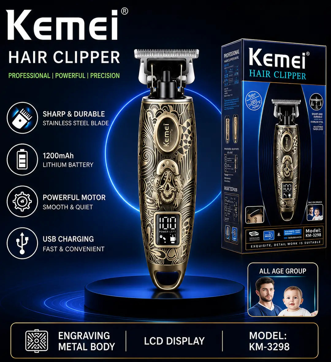 Kemei KM-3298 Professional Hair Clipper – 1200mAh Rechargeable Trimmer with LCD Display, Stainless Steel Blade & Engraved Metal Body