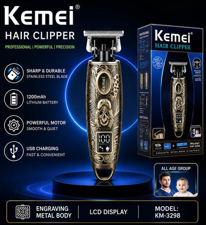 Kemei KM-3298 Professional Hair Clipper – 1200mAh Rechargeable Trimmer with LCD Display, Stainless Steel Blade & Engraved Metal Body