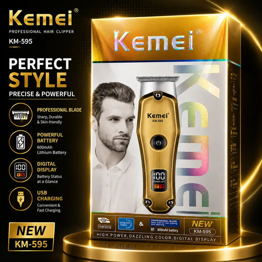 KEMEI KM- 595Professional Hair & Beard Trimmer – USB Rechargeable Cordless Grooming Machine with Digital Display