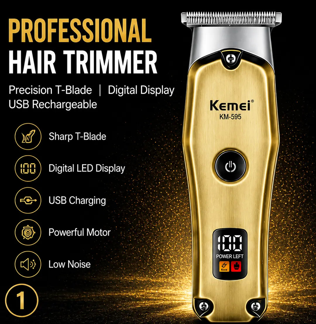 KEMEI KM- 595Professional Hair & Beard Trimmer – USB Rechargeable Cordless Grooming Machine with Digital Display