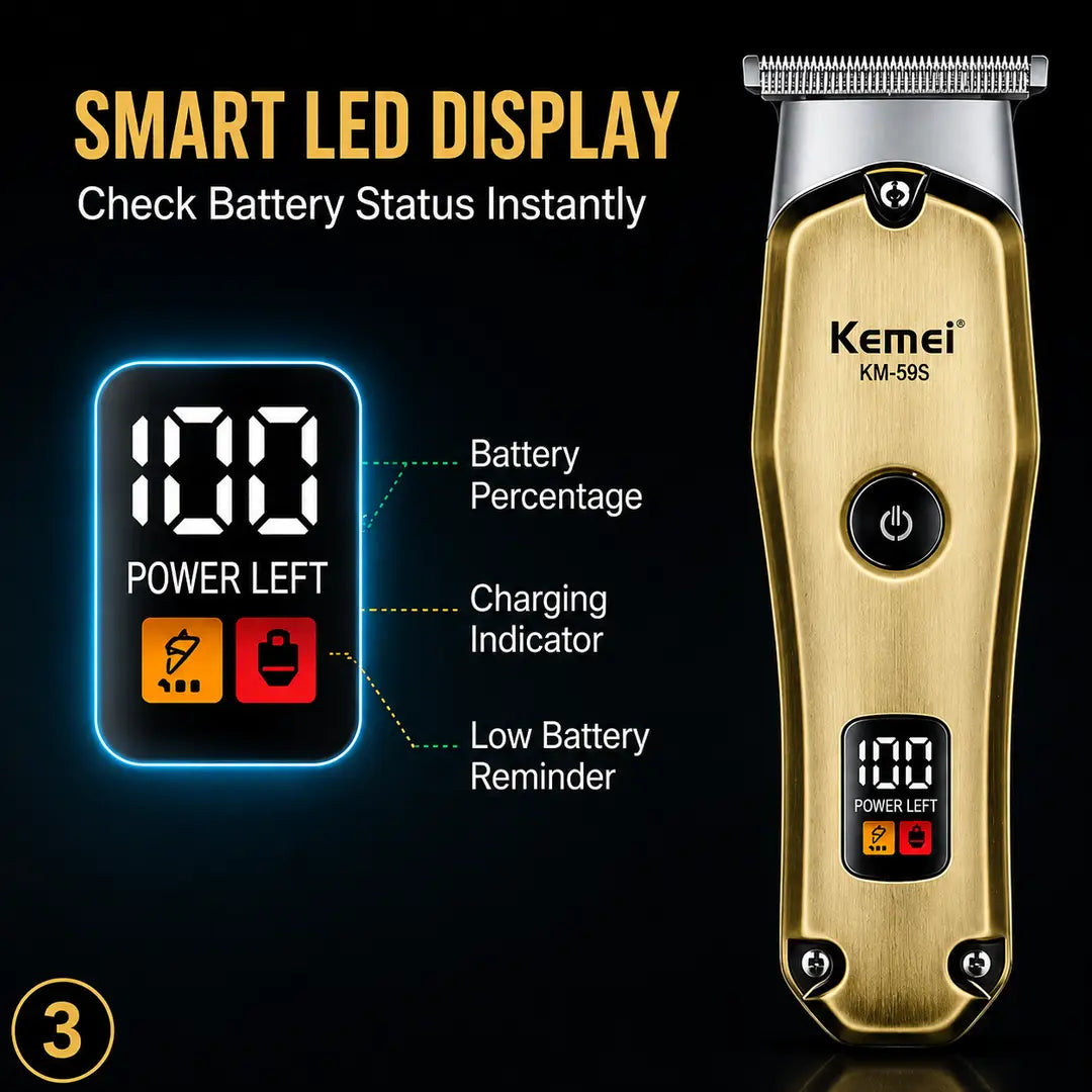 KEMEI KM- 595Professional Hair & Beard Trimmer – USB Rechargeable Cordless Grooming Machine with Digital Display