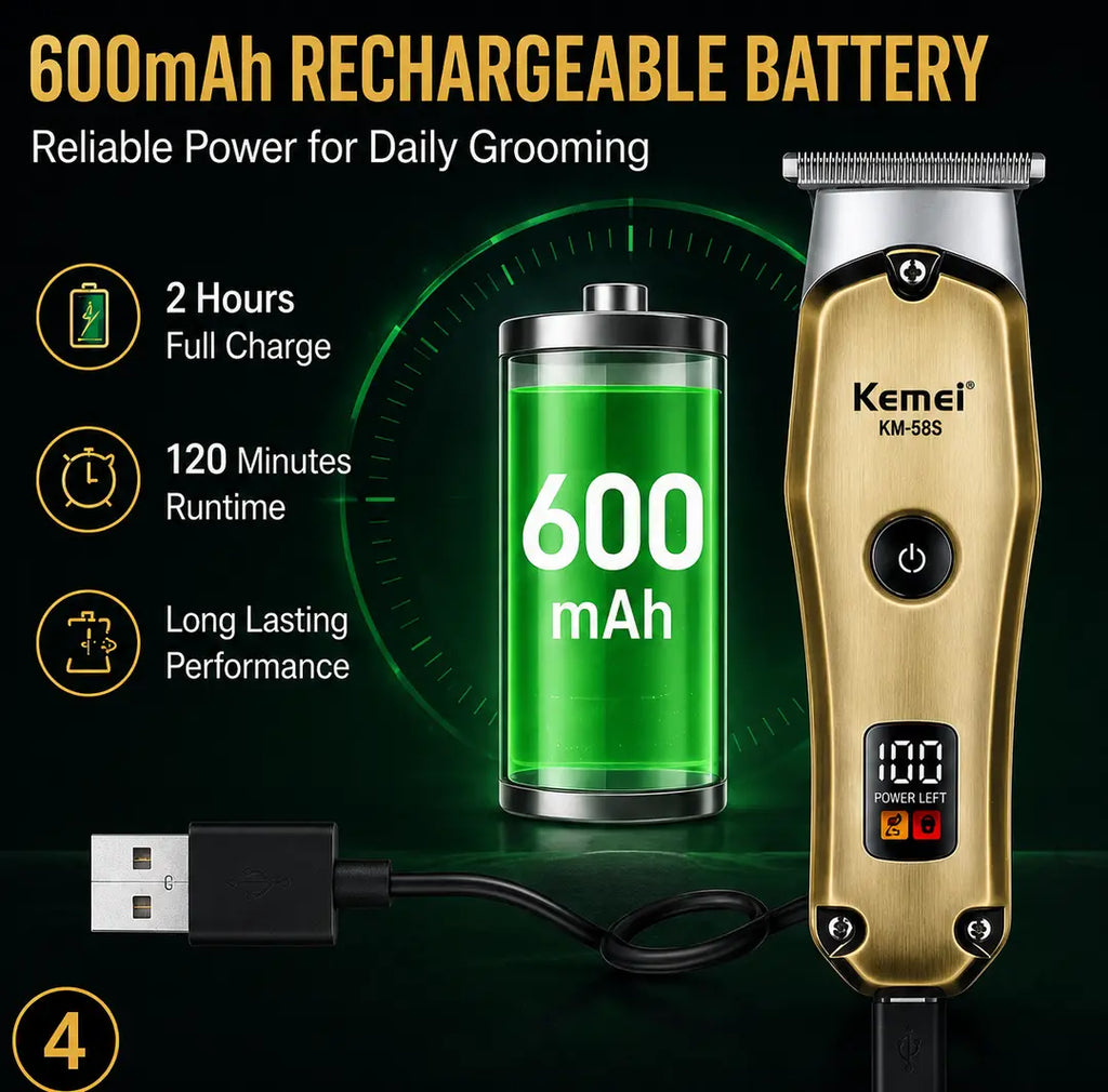 KEMEI KM- 595Professional Hair & Beard Trimmer – USB Rechargeable Cordless Grooming Machine with Digital Display