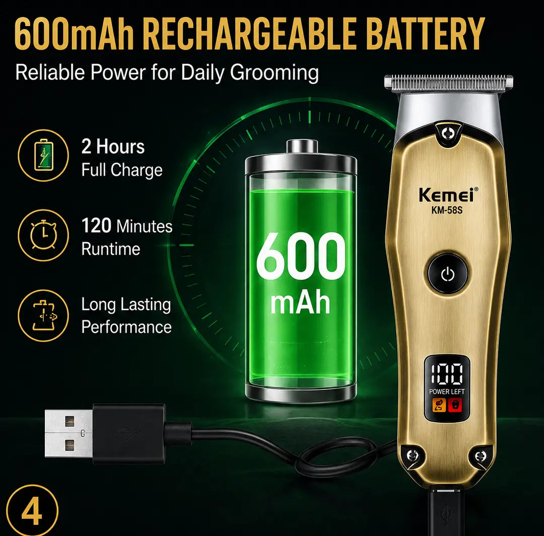 KEMEI KM- 595Professional Hair & Beard Trimmer – USB Rechargeable Cordless Grooming Machine with Digital Display