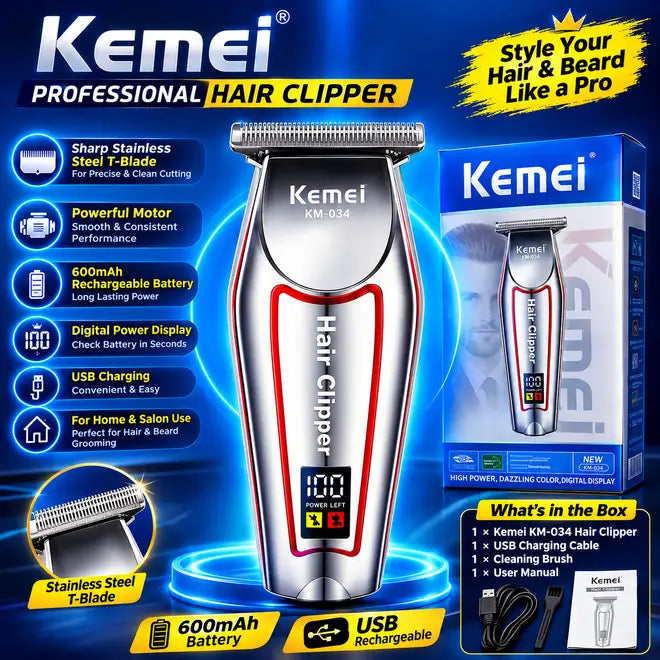 Kemei KM-034 Professional Hair Clipper – Cordless Rechargeable Hair & Beard Trimmer with Digital Display, Stainless Steel T-Blade & Powerful Motor