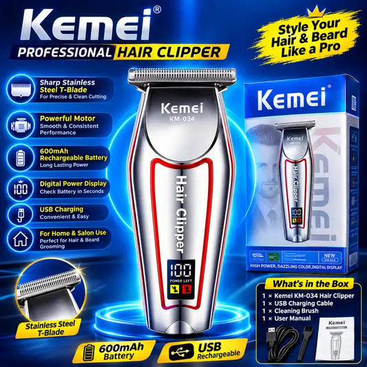 Kemei KM-034 Professional Hair Clipper – Cordless Rechargeable Hair & Beard Trimmer with Digital Display, Stainless Steel T-Blade & Powerful Motor