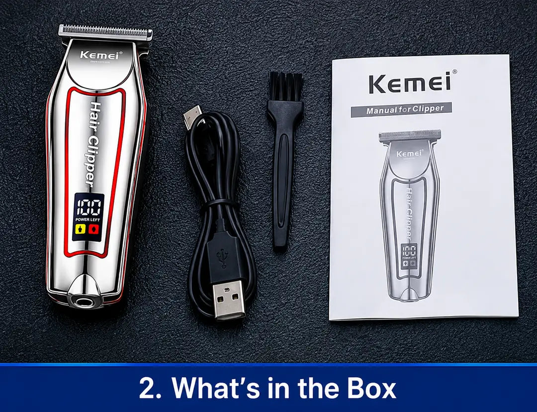 Kemei KM-034 Professional Hair Clipper – Cordless Rechargeable Hair & Beard Trimmer with Digital Display, Stainless Steel T-Blade & Powerful Motor