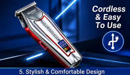Kemei KM-034 Professional Hair Clipper – Cordless Rechargeable Hair & Beard Trimmer with Digital Display, Stainless Steel T-Blade & Powerful Motor