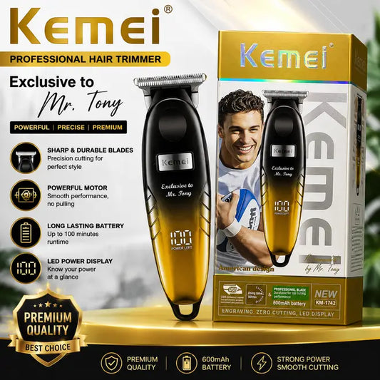 Kemei KM-1742 Professional Hair Trimmer – Rechargeable Cordless Beard & Hair Clipper with LED Power Display