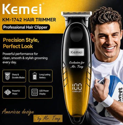 Kemei KM-1742 Professional Hair Trimmer – Rechargeable Cordless Beard & Hair Clipper with LED Power Display
