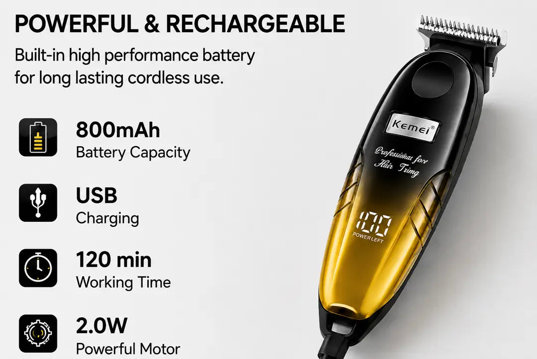 Kemei KM-1742 Professional Hair Trimmer – Rechargeable Cordless Beard & Hair Clipper with LED Power Display