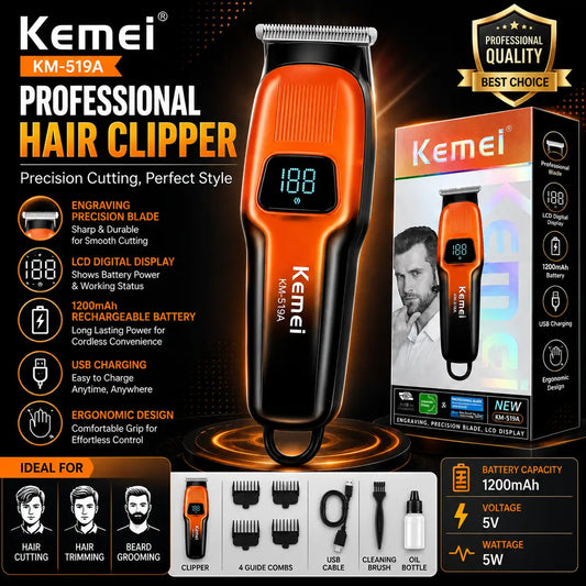 Kemei KM-519A Professional Hair Clipper – LCD Digital Display, 1200mAh Rechargeable Battery, USB Charging & Precision Blade
