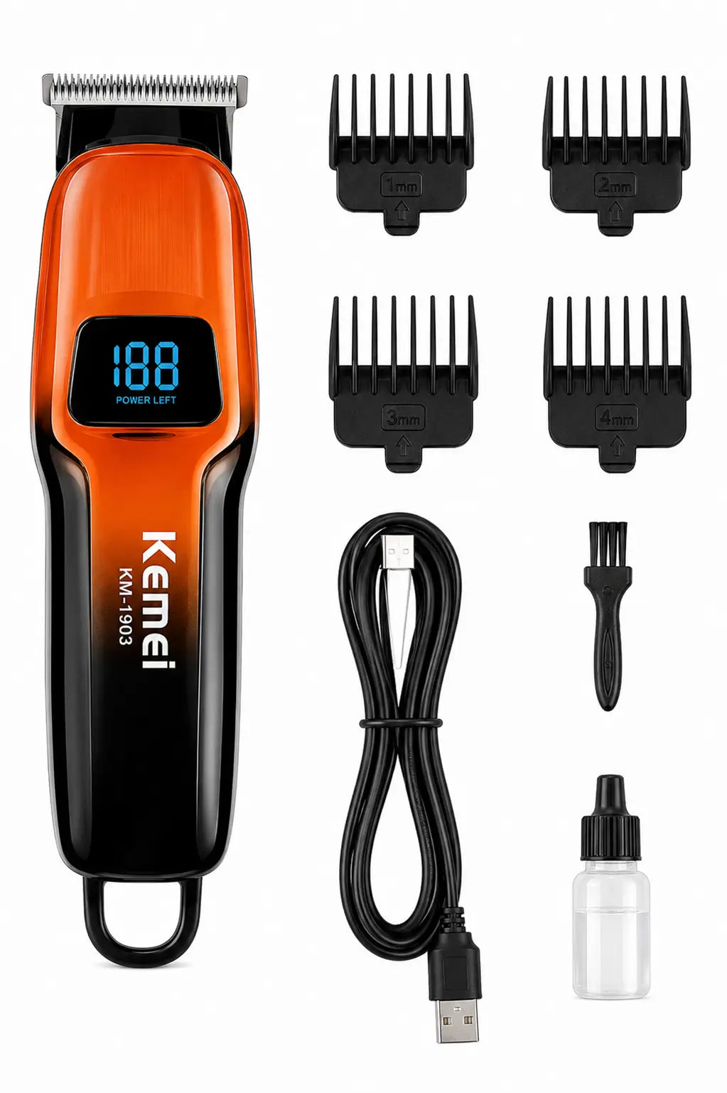 Kemei KM-519A Professional Hair Clipper – LCD Digital Display, 1200mAh Rechargeable Battery, USB Charging & Precision Blade