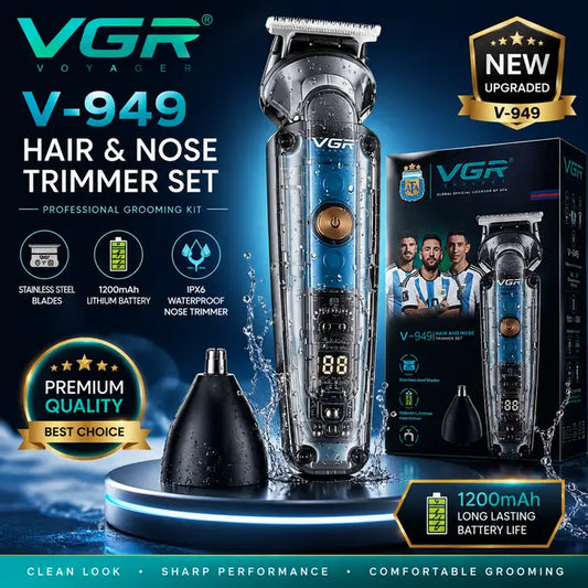 VGR V-949 Professional Hair & Nose Trimmer Set – 1200mAh Lithium Battery, Stainless Steel Blades, IPX6 Waterproof