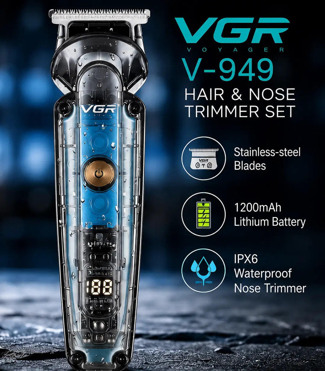 VGR V-949 Professional Hair & Nose Trimmer Set – 1200mAh Lithium Battery, Stainless Steel Blades, IPX6 Waterproof