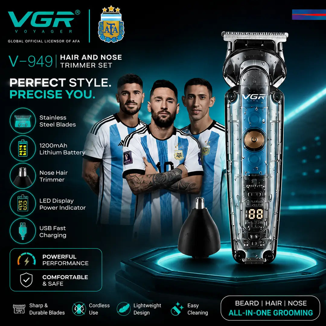 VGR V-949 Professional Hair & Nose Trimmer Set – 1200mAh Lithium Battery, Stainless Steel Blades, IPX6 Waterproof