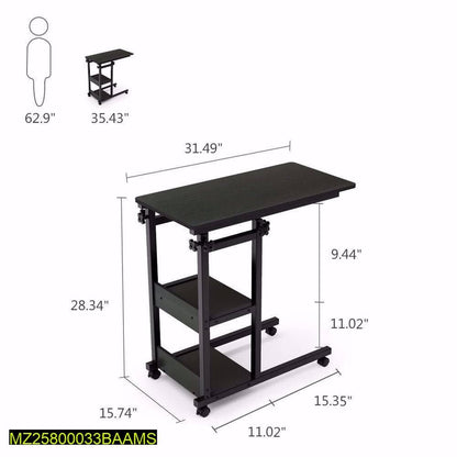 Adjustable Black Laptop Table with Wheels & Two Shelf
