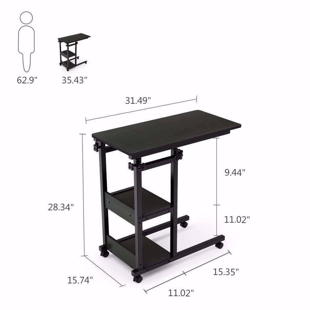 Adjustable Black Laptop Table with Wheels & Two Shelf