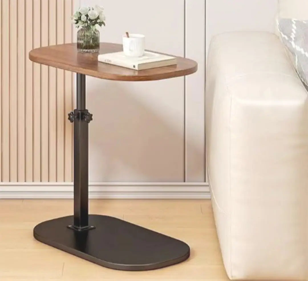 Height Adjustable Wooden C-Shaped Sofa Side Table | Oval Laptop Table with 360� Rotating Top | Multipurpose Bed & Couch Table
