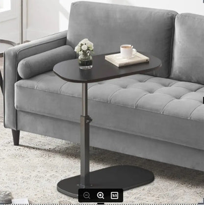 Height Adjustable Wooden C-Shaped Sofa Side Table | Oval Laptop Table with 360� Rotating Top | Multipurpose Bed & Couch Table