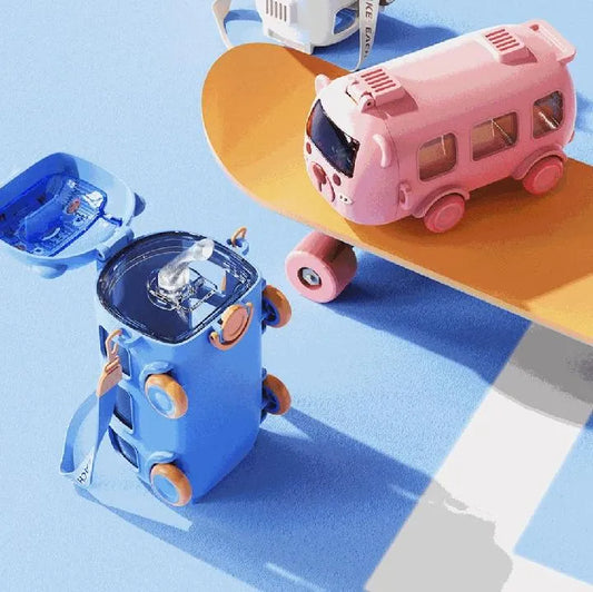 Kids Bus Water Bottle Blue Pink ABS Plastic