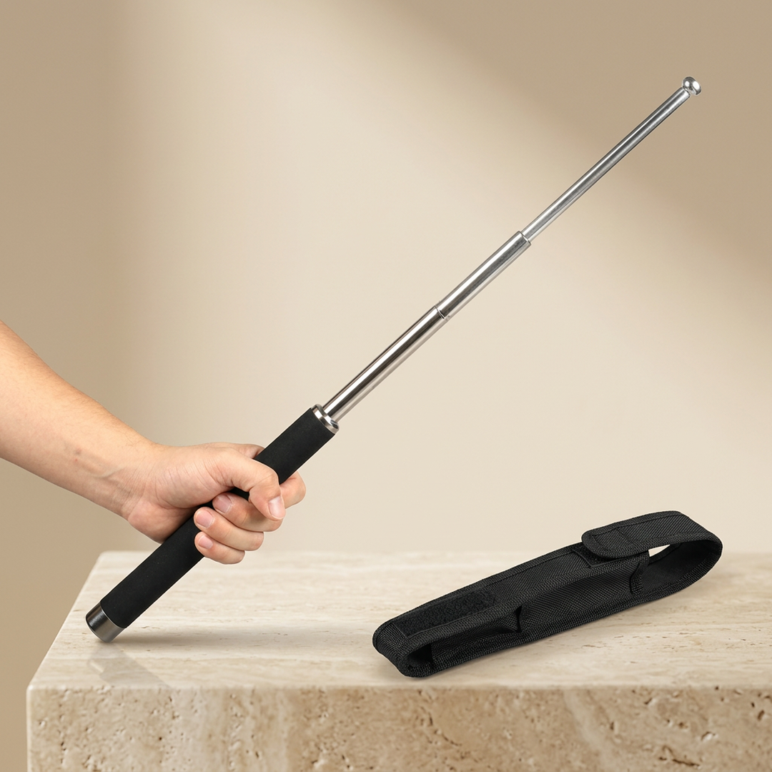 Self Defense Stick 9x26 Inch Silver Retractable with Free Holder